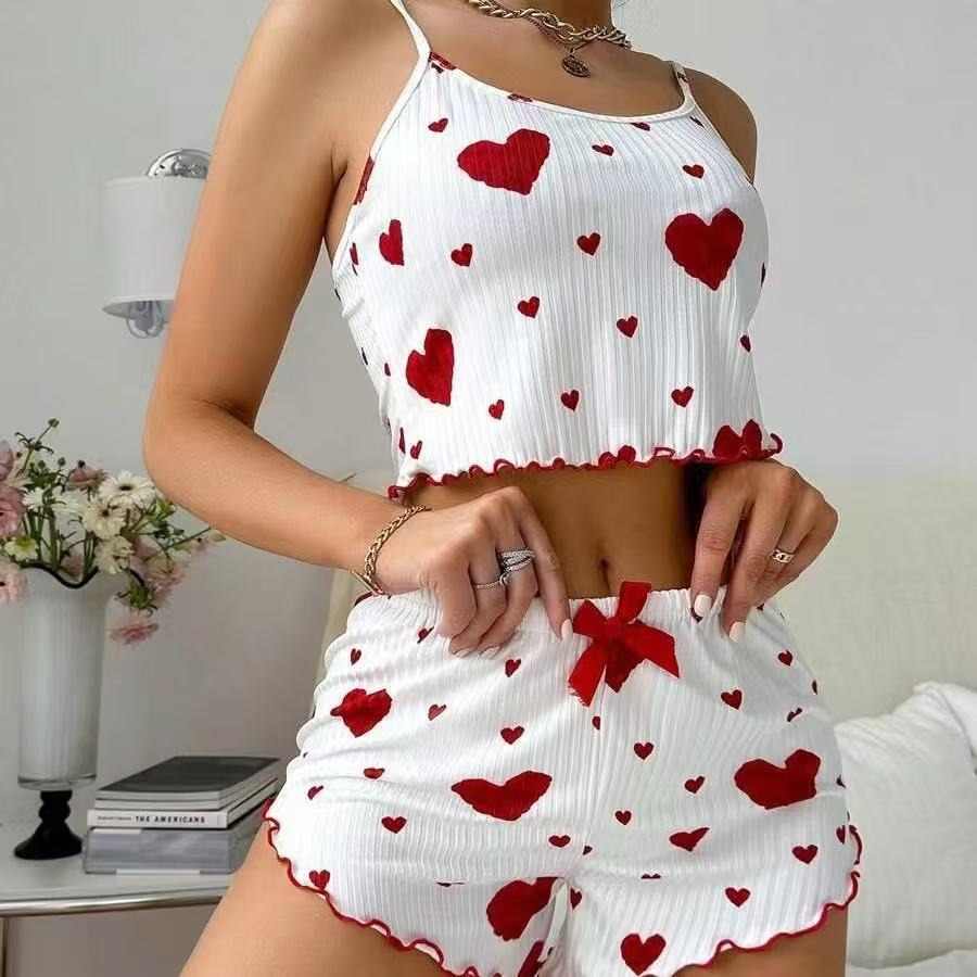 Women’s Two-Piece Love Heart Print Pajamas – Sleeveless Crop Top and Ruffle Shorts Set from Mish Mash Market