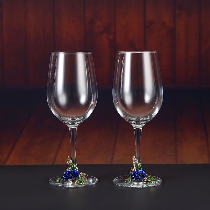 Handmade Enamel Crystal Wine Goblet with Vintage Floral Design and Matching Decanter