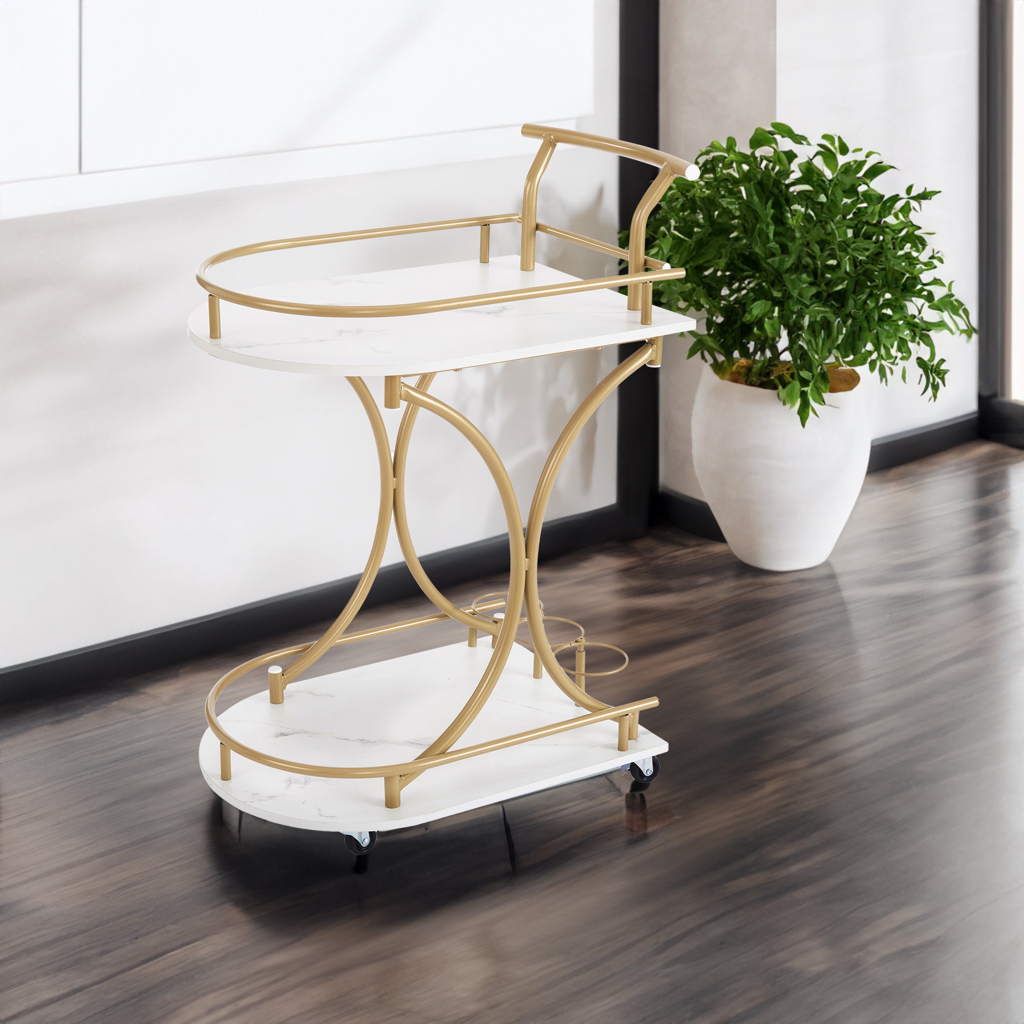 2-Tier Industrial Gold Bar Cart – Mobile Wine & Beverage Serving Trolley