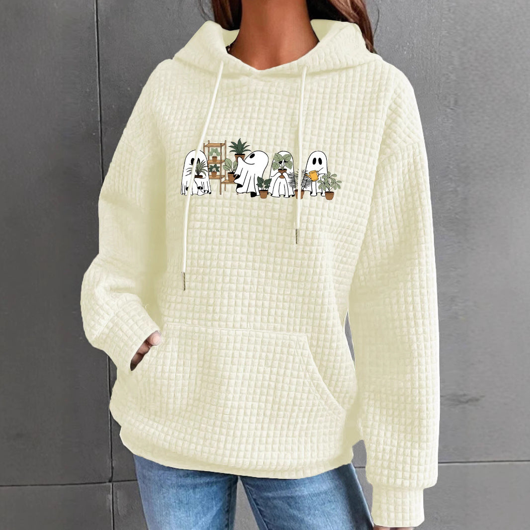 Women's Waffle Knit Halloween Ghost Graphic Hoodie with Kangaroo Pocket from Mish Mash Market