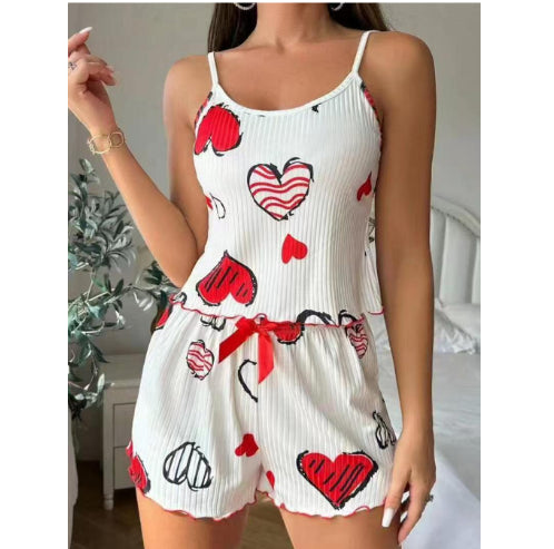 Women’s Two-Piece Love Heart Print Pajamas – Sleeveless Crop Top and Ruffle Shorts Set