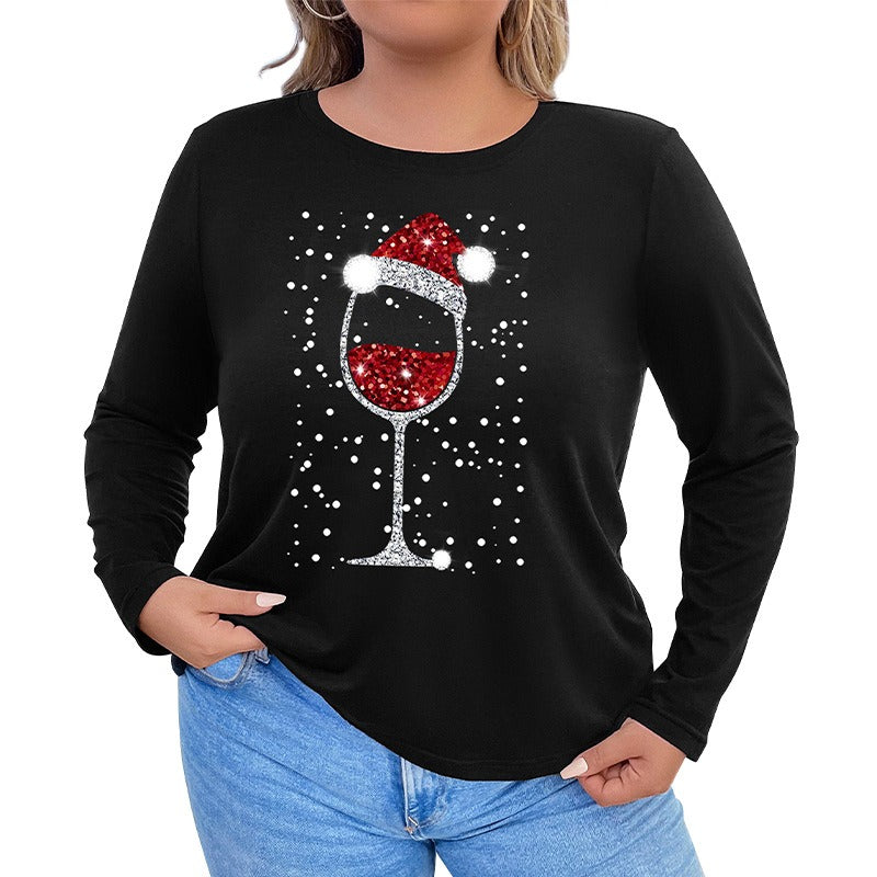 Plus Size Women's Christmas Wine Glass Long Sleeve Top