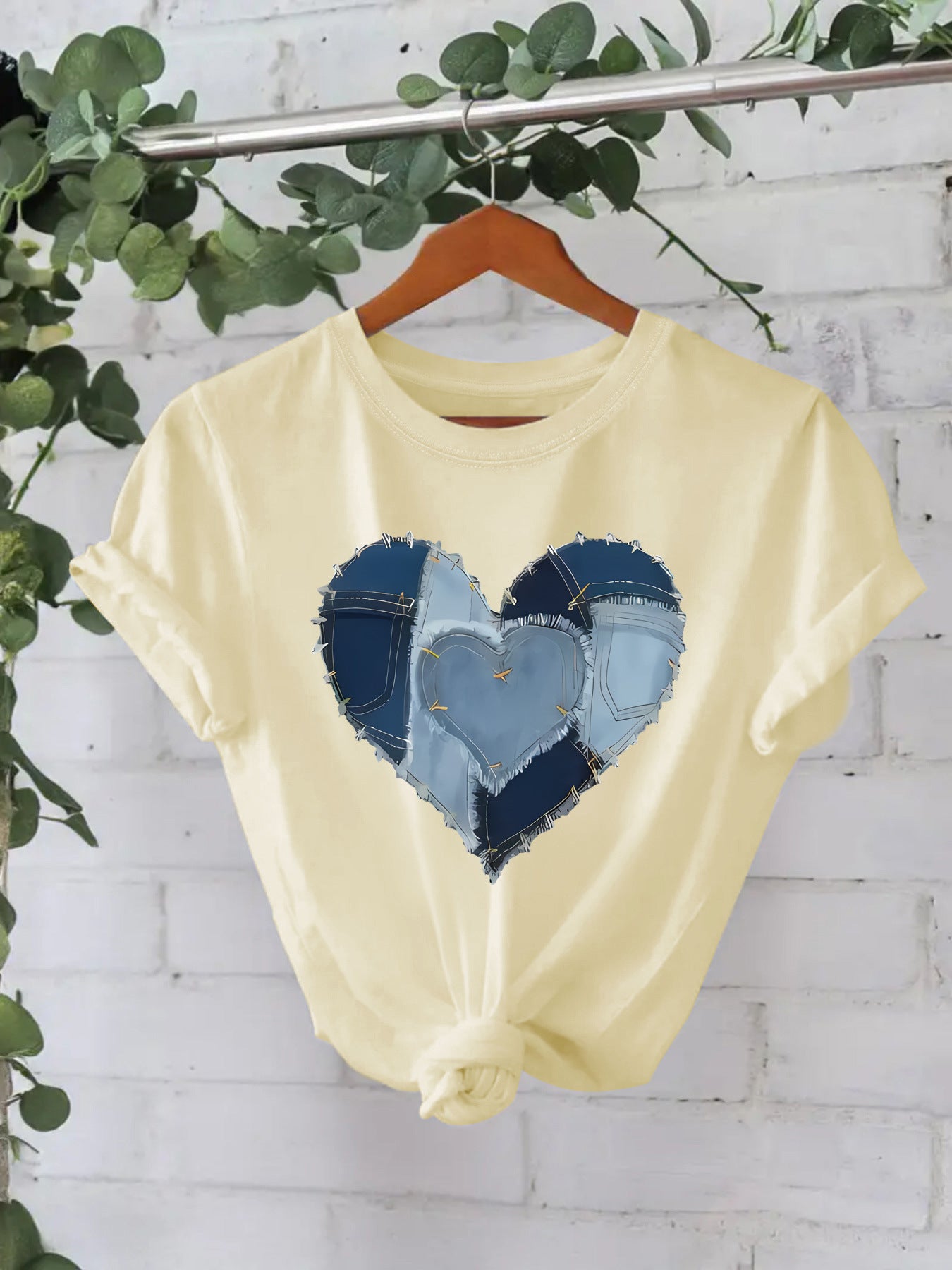 Western Cowboy Heart Graphic T-Shirt - Blue Denim Patch Print Short Sleeve Tee from Mish Mash Market