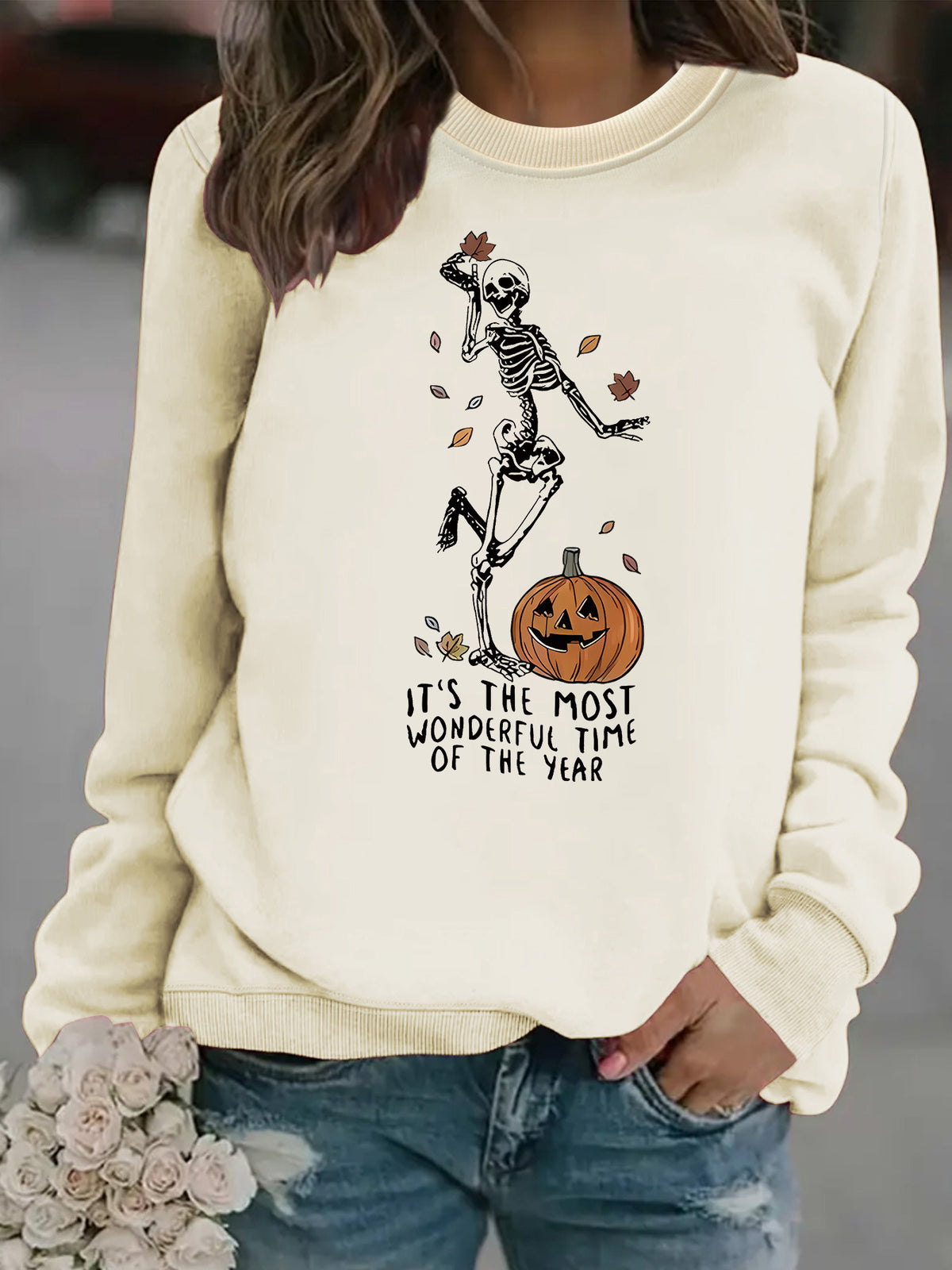 Pumpkin Skull Halloween Sweatshirt - Skeleton Graphic Print Pullover from Mish Mash Market