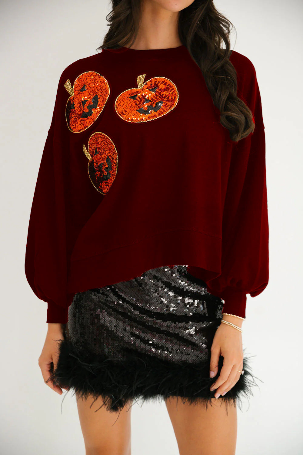 Women's Halloween Pumpkin Sequin Long Sleeve Hoodie - Loose Fit Casual Sweatshirt from Mish Mash Market