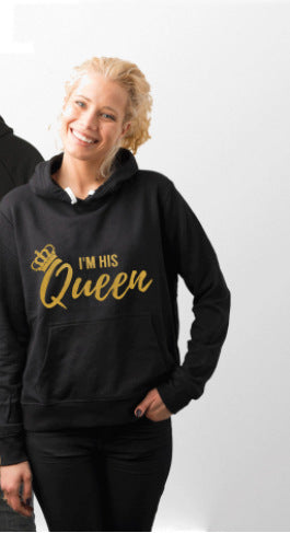 Couple Hooded Sweatshirt with Fleece Lining - I Am His King Queen Gold Letter Creative Sweatshirt from Mish Mash Market