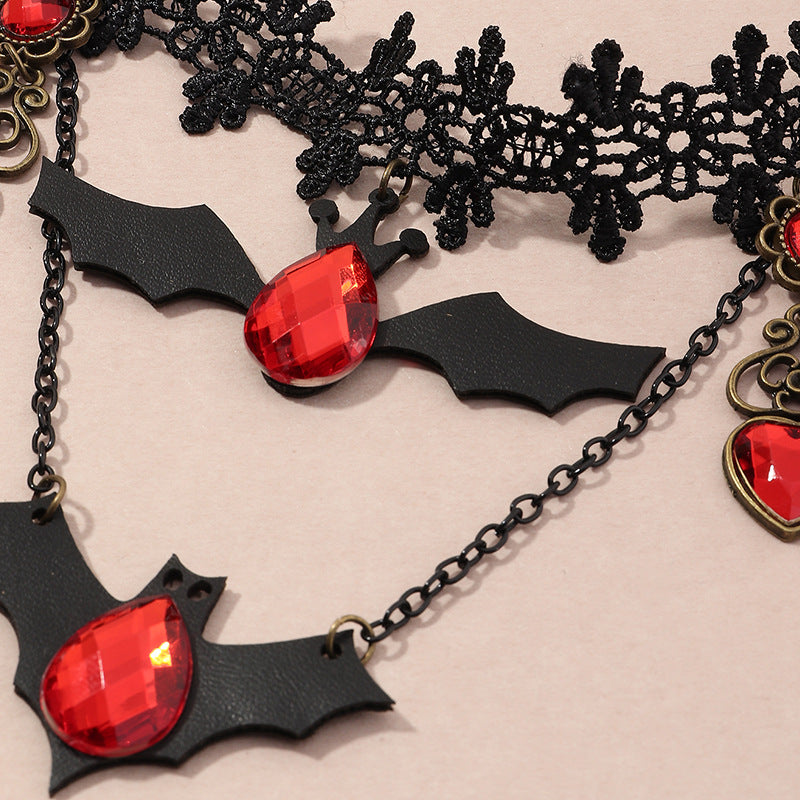Gothic Lace Bat Choker Necklace with Red Crystal Charms from Mish Mash Market