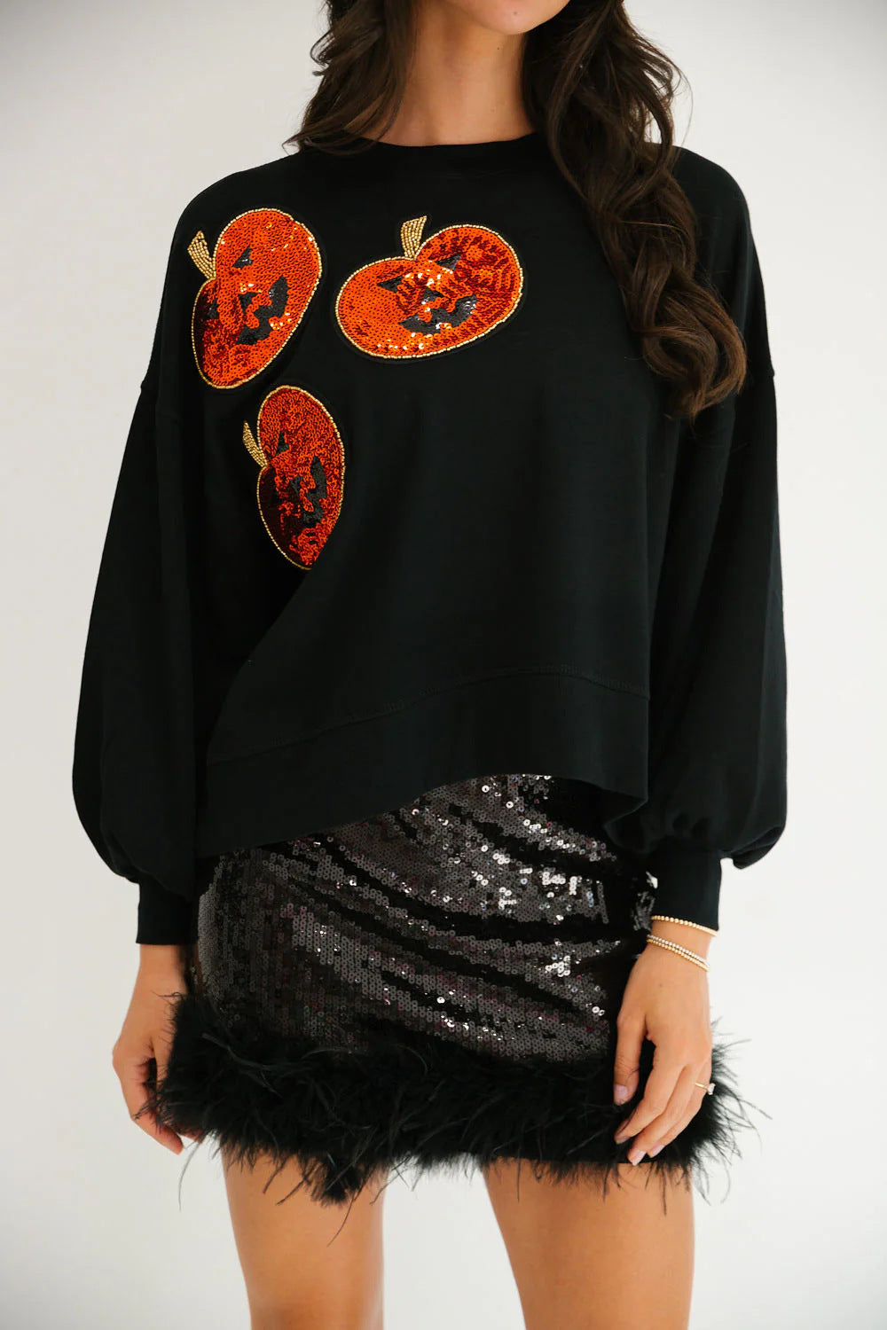 Women's Halloween Pumpkin Sequin Long Sleeve Hoodie - Loose Fit Casual Sweatshirt from Mish Mash Market