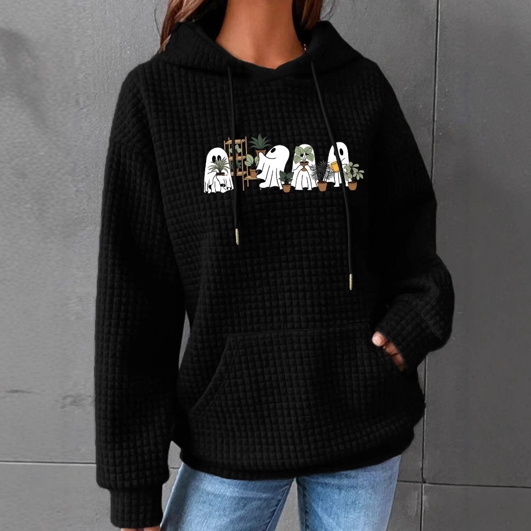 Women's Waffle Knit Halloween Ghost Graphic Hoodie with Kangaroo Pocket from Mish Mash Market