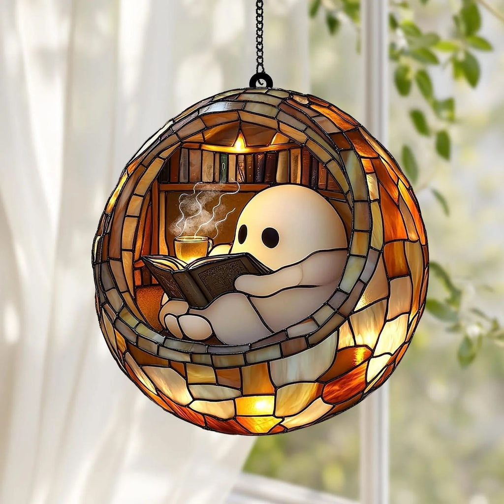 Stained Glass Ghost Reading Light Catcher Hanging Ornament - Halloween Window Decoration from Mish Mash Market