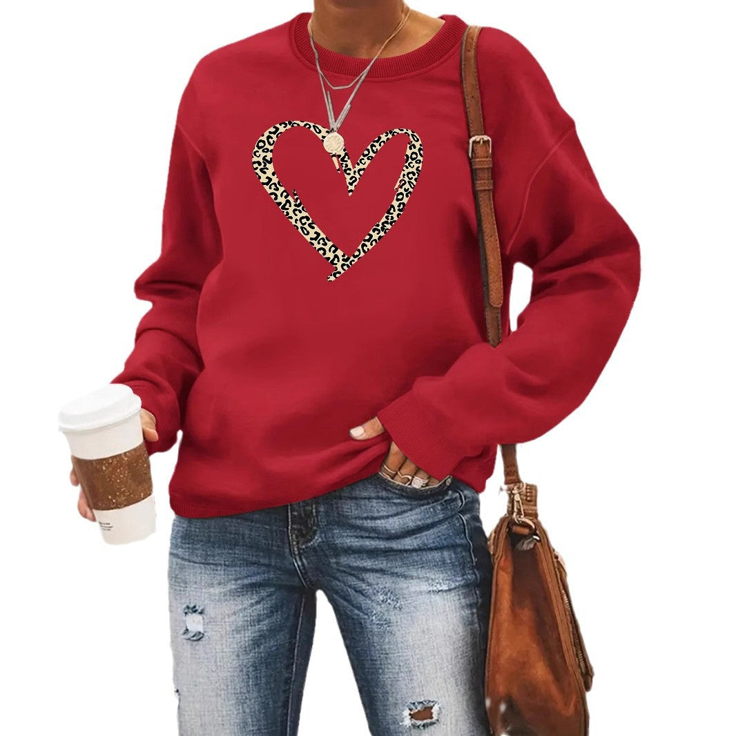 Women’s Leopard Heart Print Sweatshirt – Casual Long Sleeve Crew Neck Pullover