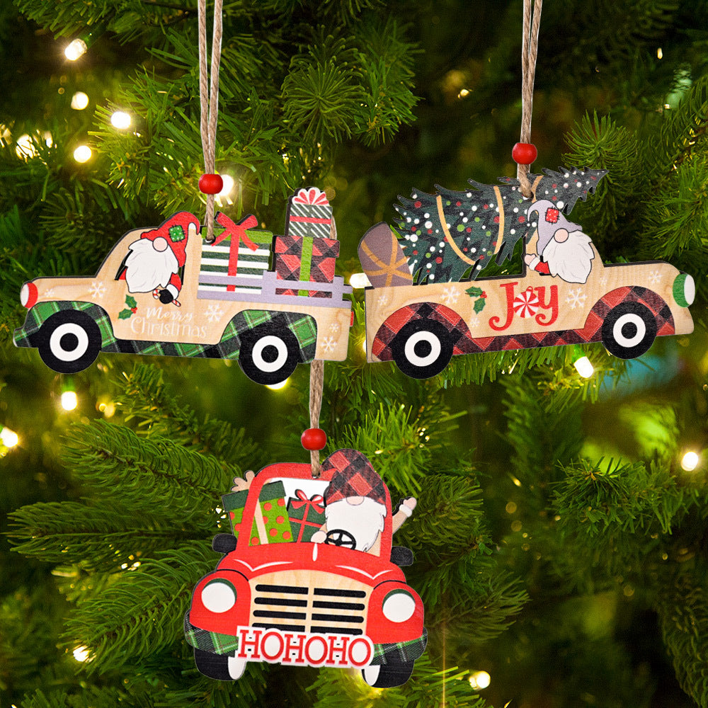 Wooden Gnome Christmas Truck Ornaments
