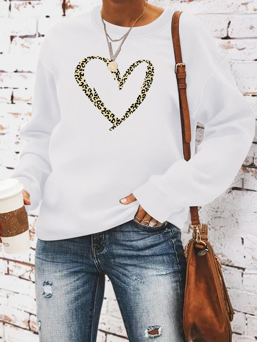 Women’s Leopard Heart Print Sweatshirt – Casual Long Sleeve Crew Neck Pullover from Mish Mash Market