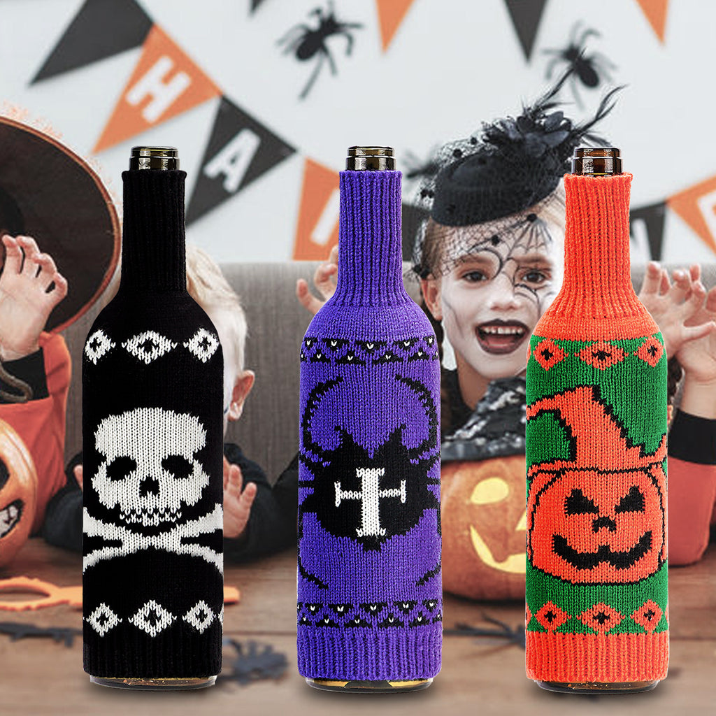 Halloween Knitted Wine Bottle Cover – Pumpkin, Skull, & Spider Table Decor from Mish Mash Market