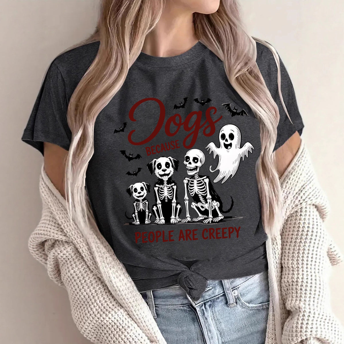 Women's "Dogs Because People Are Creepy" Halloween Printed T-Shirt - Short Sleeve Graphic Tee