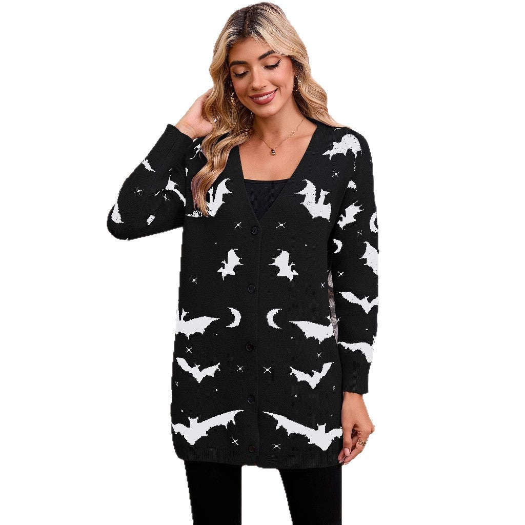 Women's Halloween Bat Jacquard Open-Front Knit Cardigan Sweater from Mish Mash Market