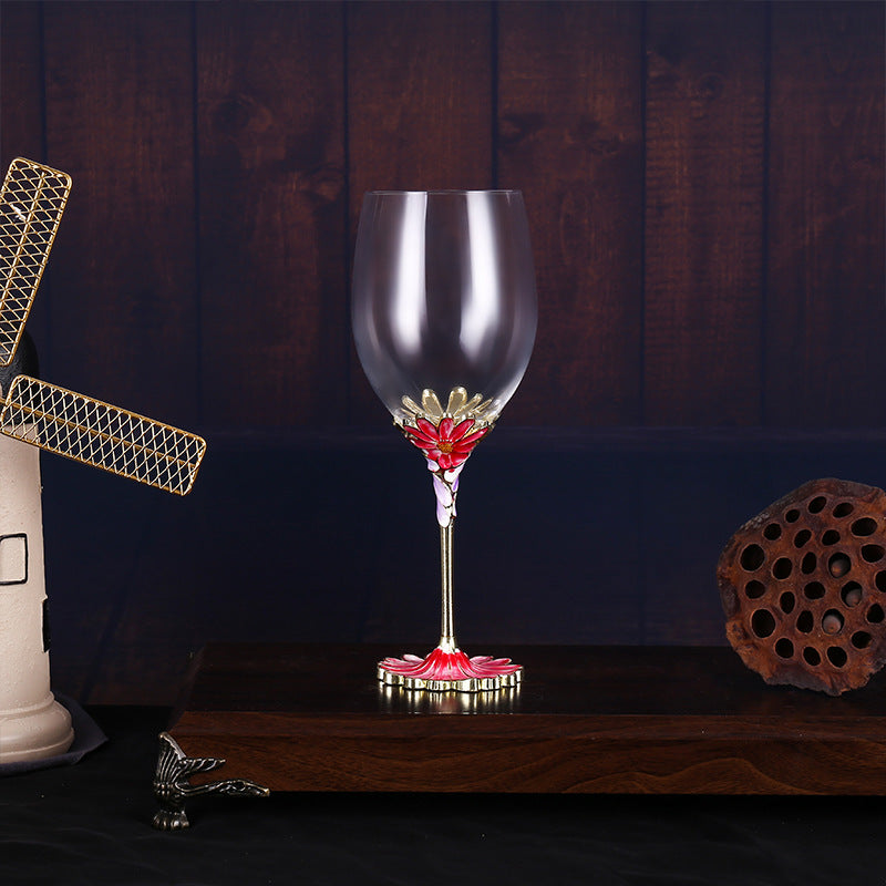 European Handcrafted Enamel Flower Motif Crystal Red Wine Glass