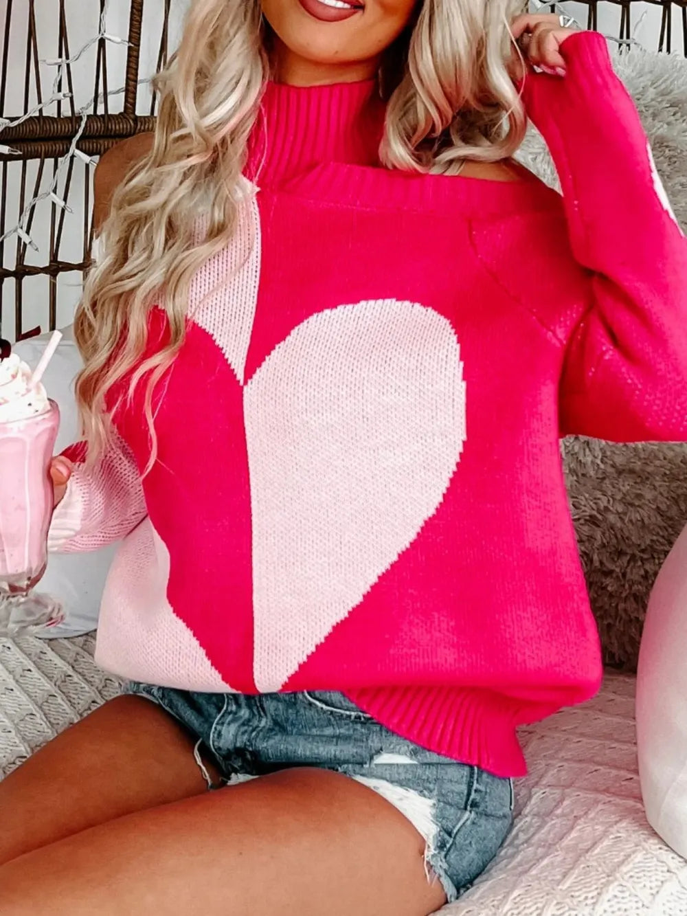 Women's Valentine's Day Heart Turtleneck Sweater - Cold Shoulder Knit Top from Mish Mash Market