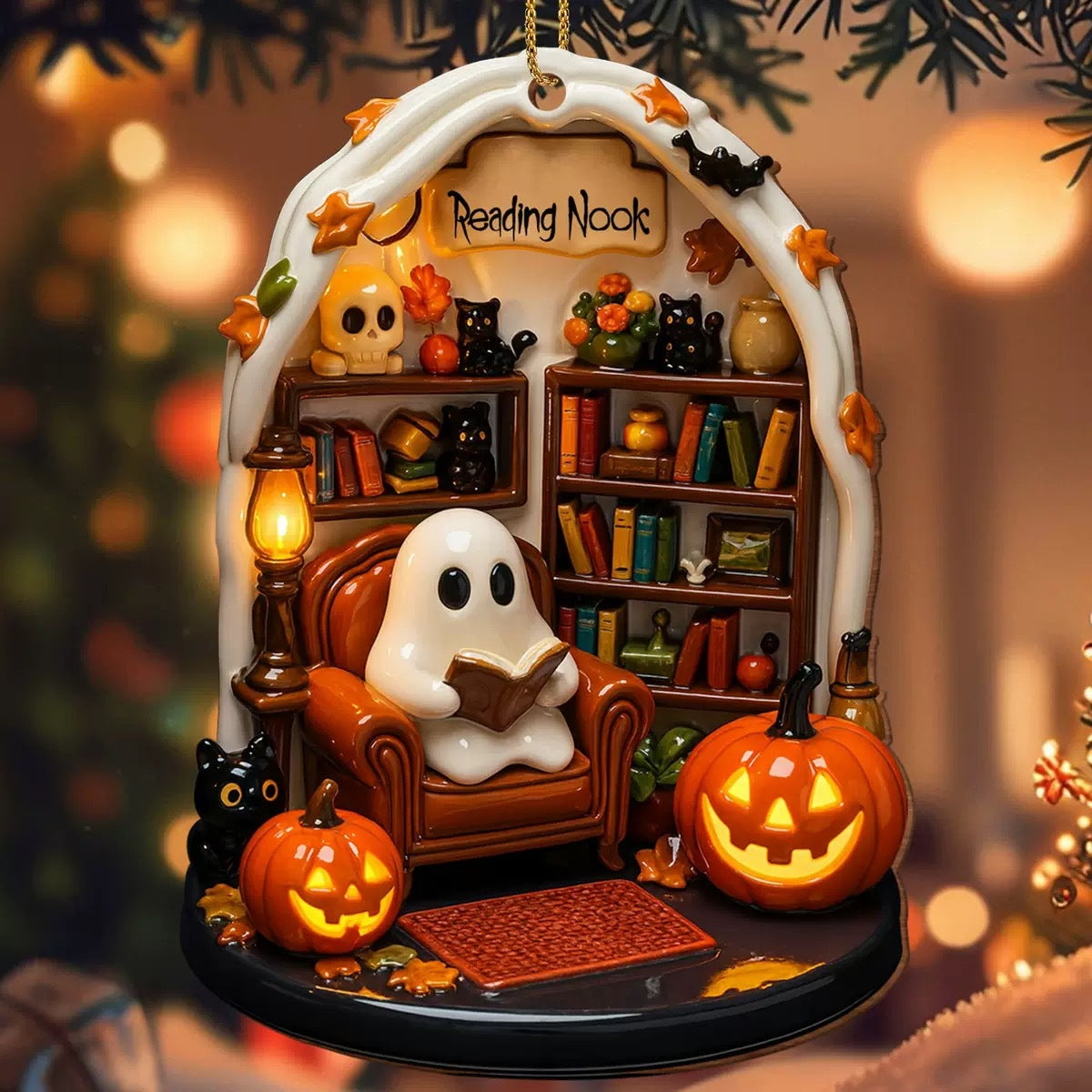 Handmade Spooky Halloween Reading Nook Acrylic Ornament – Cozy Ghost Decoration from Mish Mash Market
