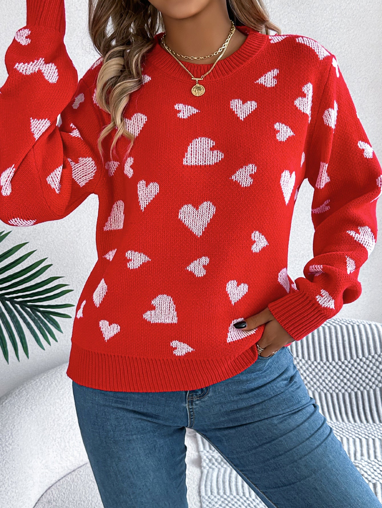 Women's Color-Blocked Love Heart Knit Sweater – Long Sleeve Lantern Sleeve Pullover