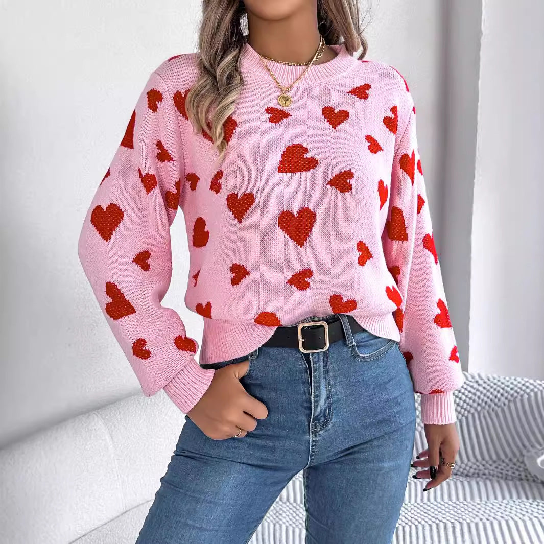 Women's Color-Blocked Love Heart Knit Sweater – Long Sleeve Lantern Sleeve Pullover