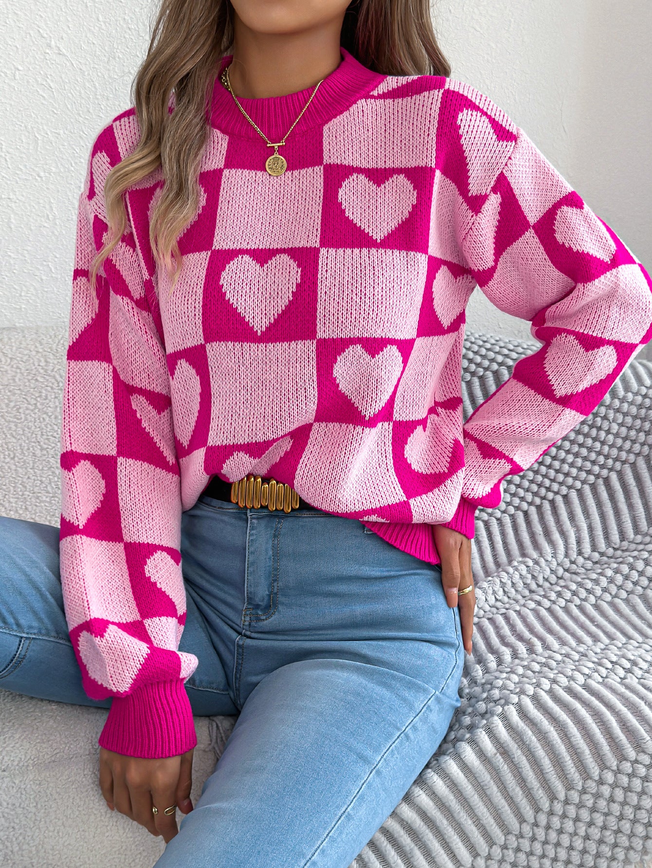 Women's Love Grid Lantern Long Sleeved Pullover – Red & White Heart Pattern Knit Sweater