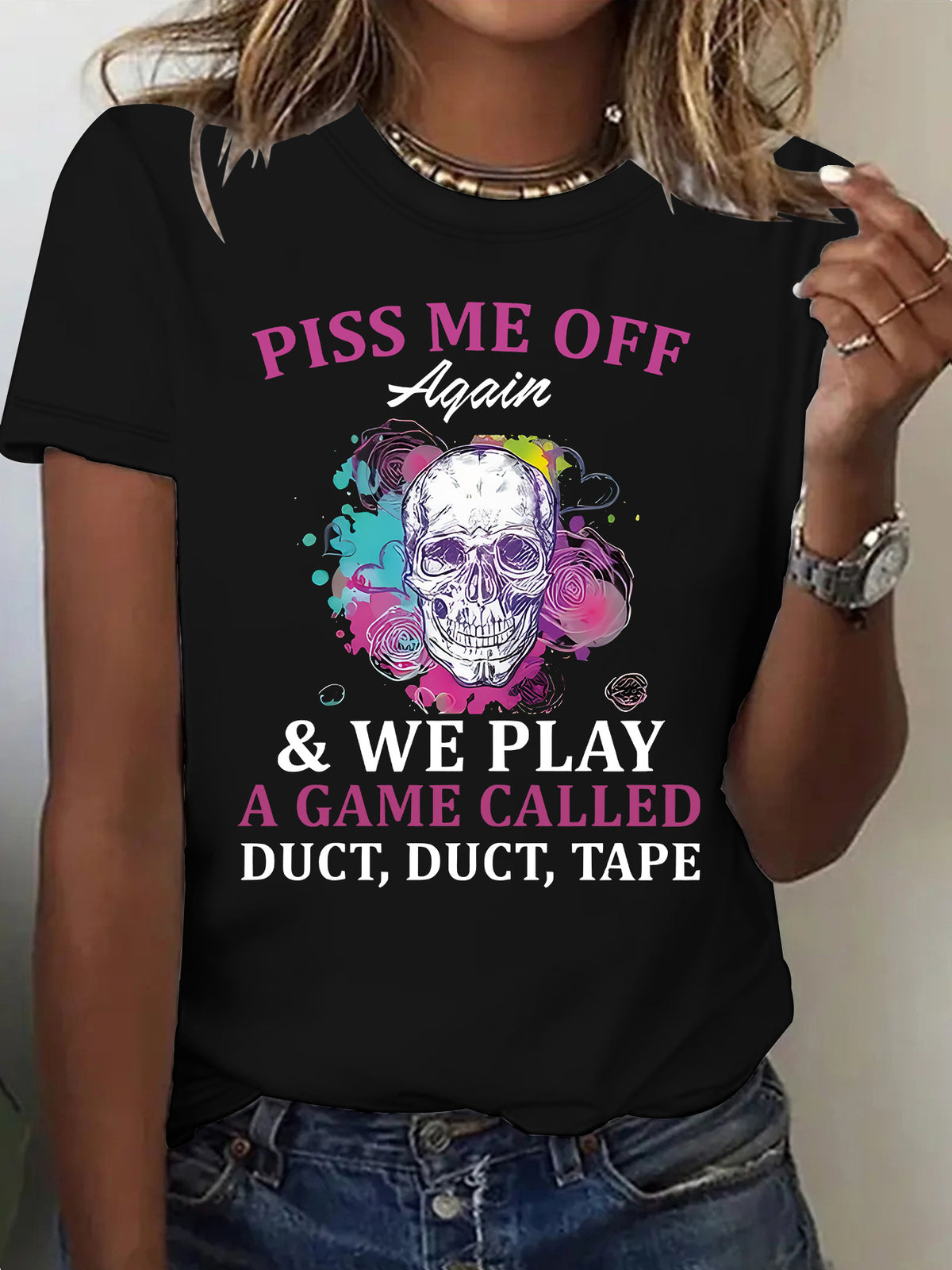 Women's "Duct Tape" Halloween Graphic Skull Short Sleeve Tee