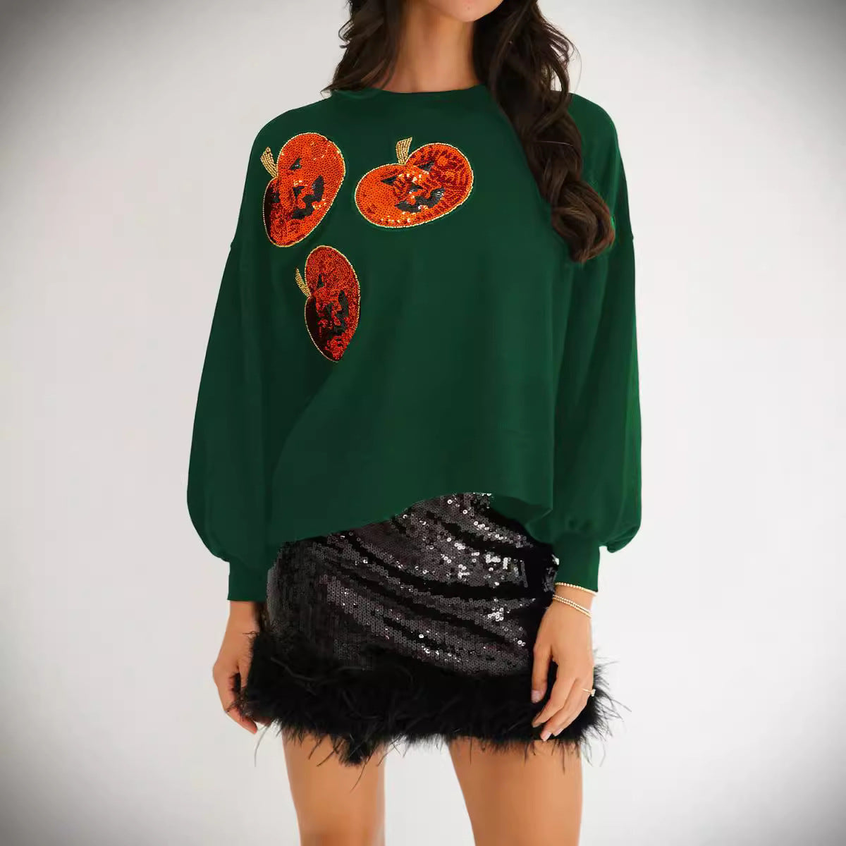 Women's Halloween Pumpkin Sequin Long Sleeve Hoodie - Loose Fit Casual Sweatshirt from Mish Mash Market