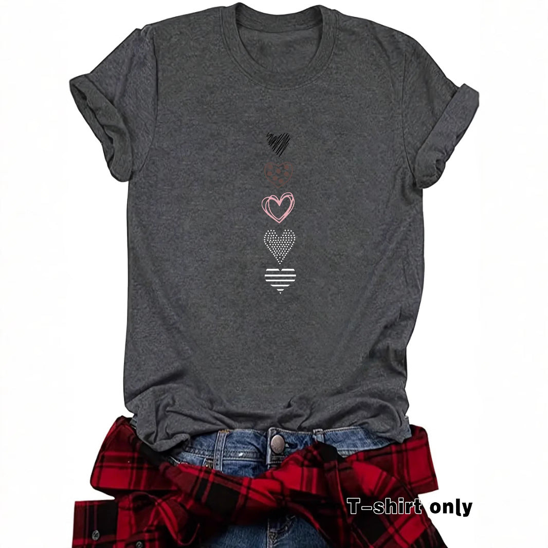 Women’s Love Pattern Printed Top – Casual Crew Neck Short Sleeve Graphic T-Shirt