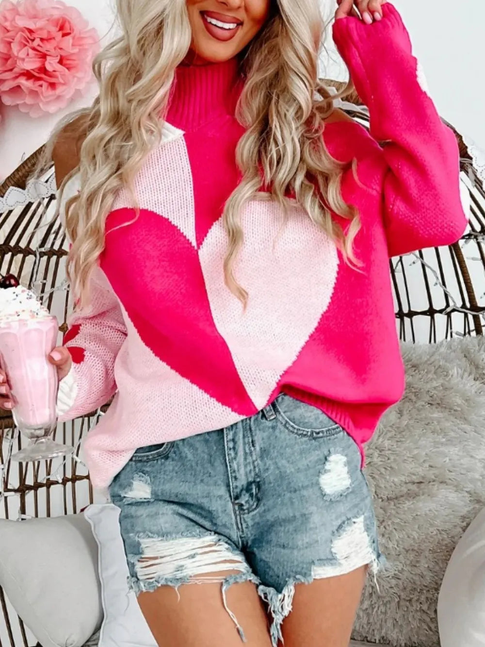 Women's Valentine's Day Heart Turtleneck Sweater - Cold Shoulder Knit Top from Mish Mash Market