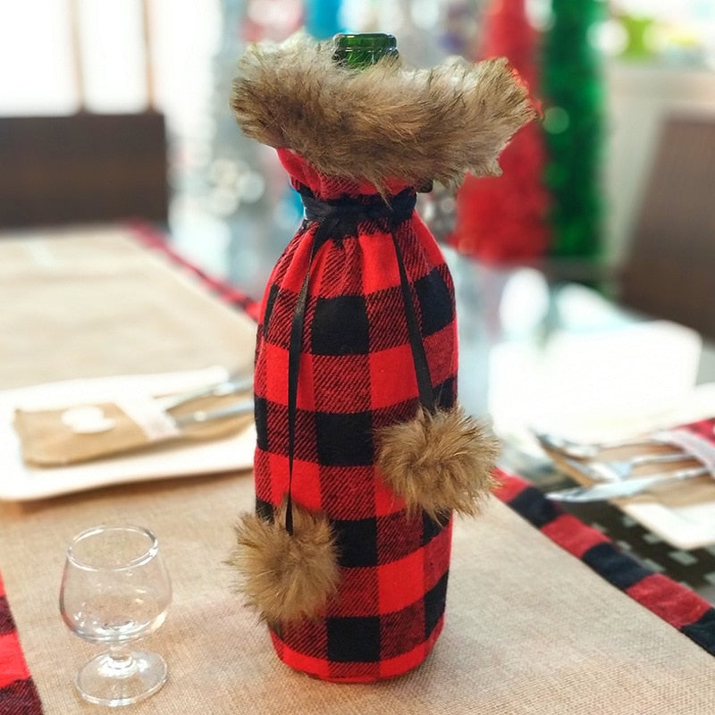 Plaid Wine Bottle Covers with Faux Fur Trim