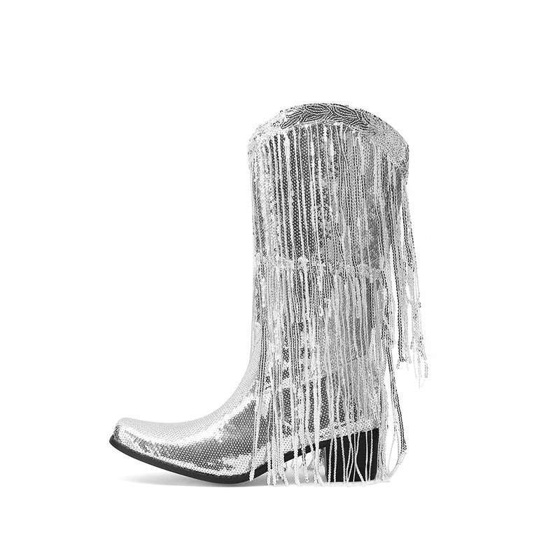 Shiny Glitter Western Boots with Tassels - Women's Mid-Calf Sequin Heeled Boots from Mish Mash Market