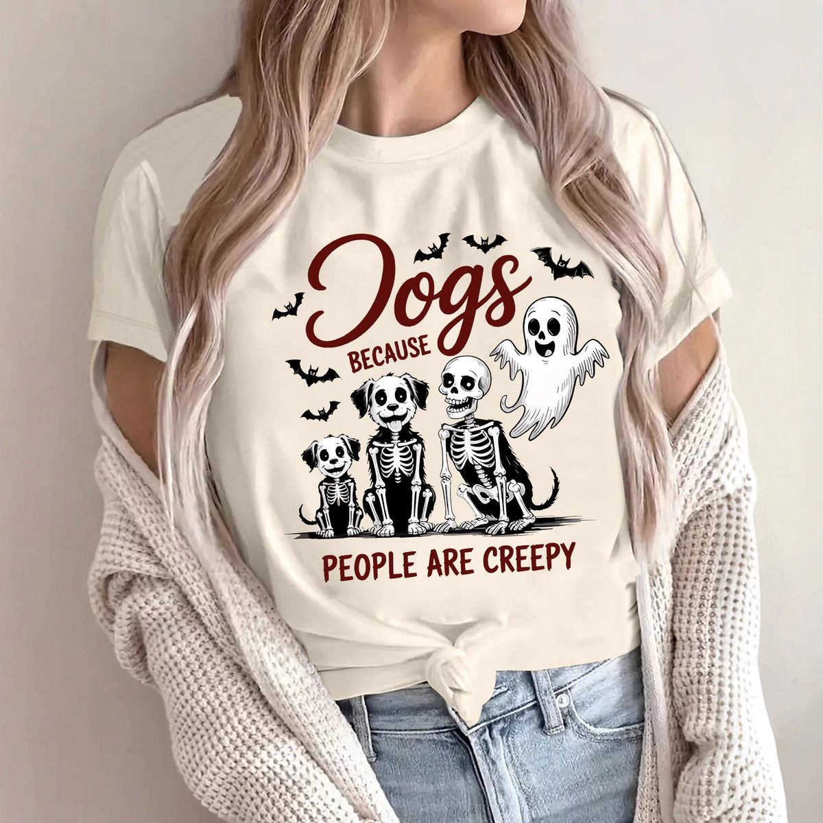 Women's "Dogs Because People Are Creepy" Halloween Printed T-Shirt - Short Sleeve Graphic Tee