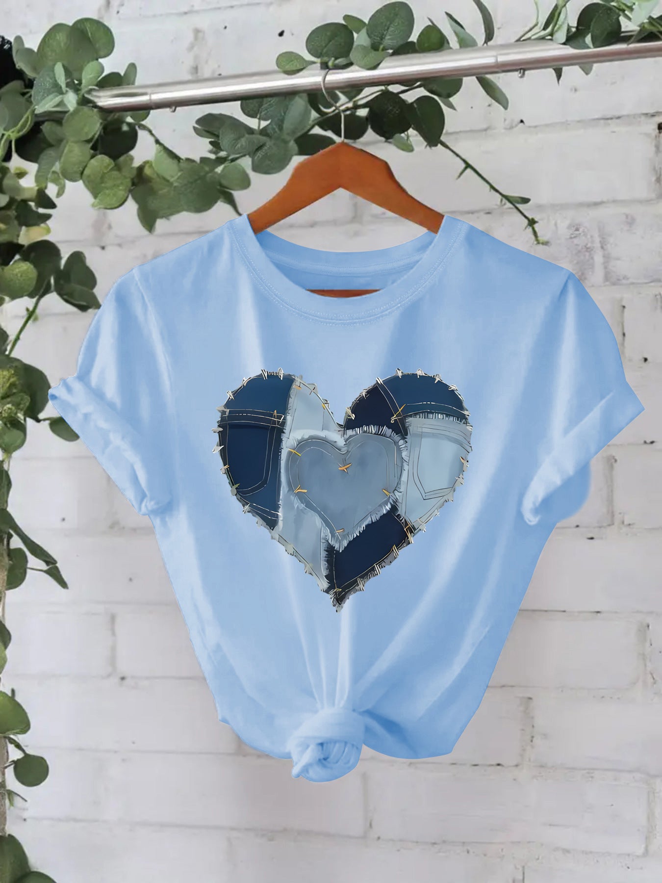 Western Cowboy Heart Graphic T-Shirt - Blue Denim Patch Print Short Sleeve Tee from Mish Mash Market