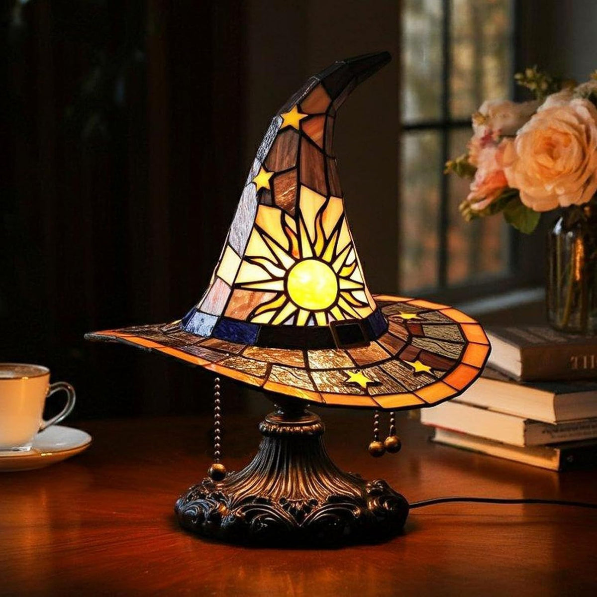 Stained Glass Witch Hat Table Lamp - USB Powered Halloween Resin Decor from Mish Mash Market