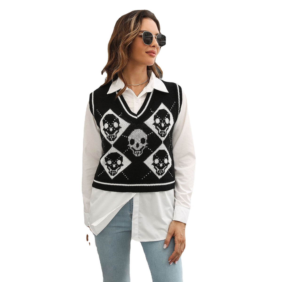 Gothic Skull Diamond Argyle Knit Vest – Women’s Autumn Sleeveless Sweater from Mish Mash Market