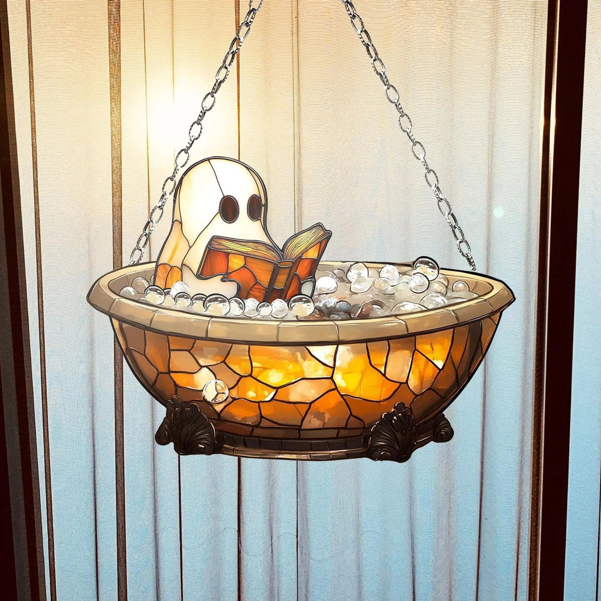 Stained Glass Ghost Reading Light Catcher Hanging Ornament - Halloween Window Decoration from Mish Mash Market