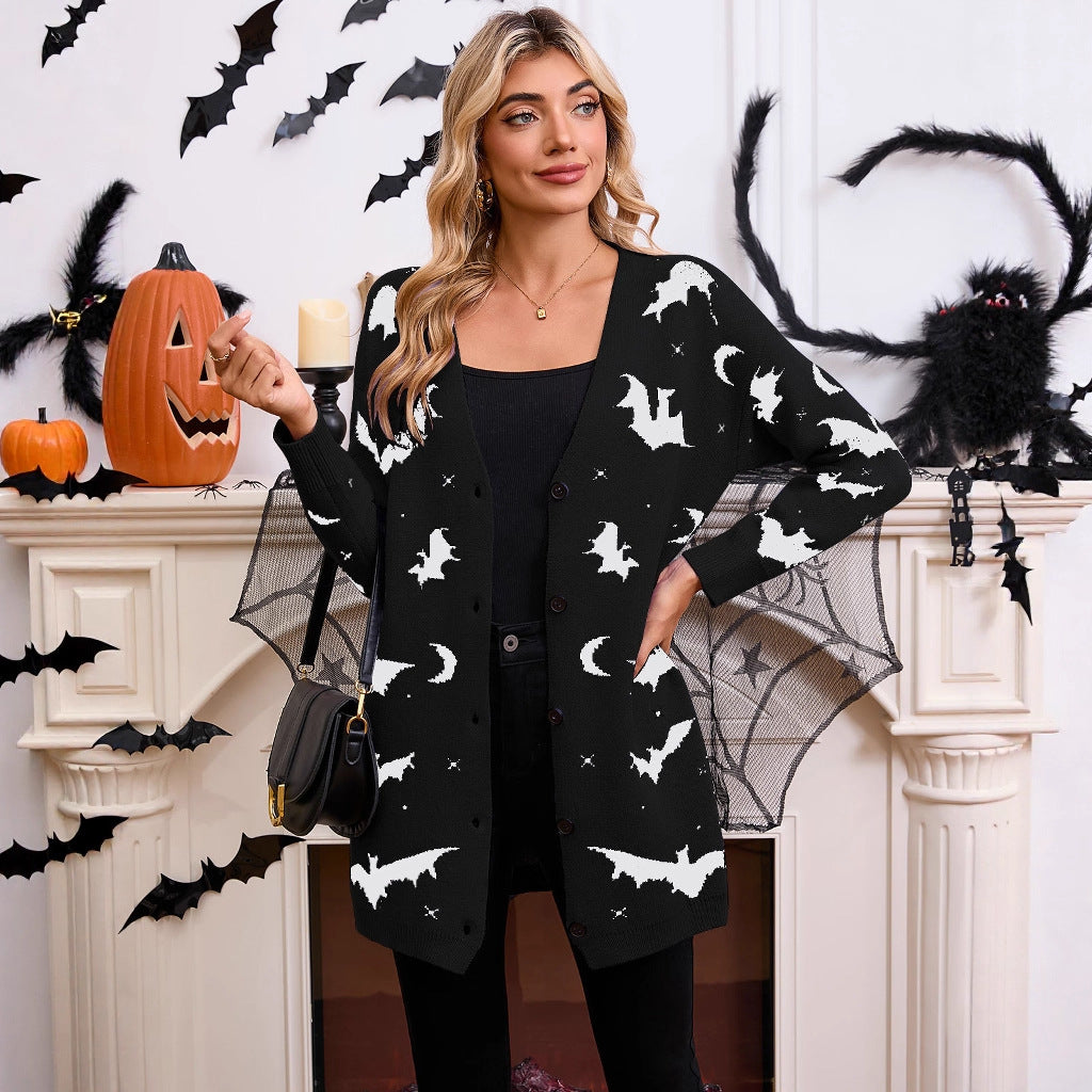 Women's Halloween Bat Jacquard Open-Front Knit Cardigan Sweater from Mish Mash Market