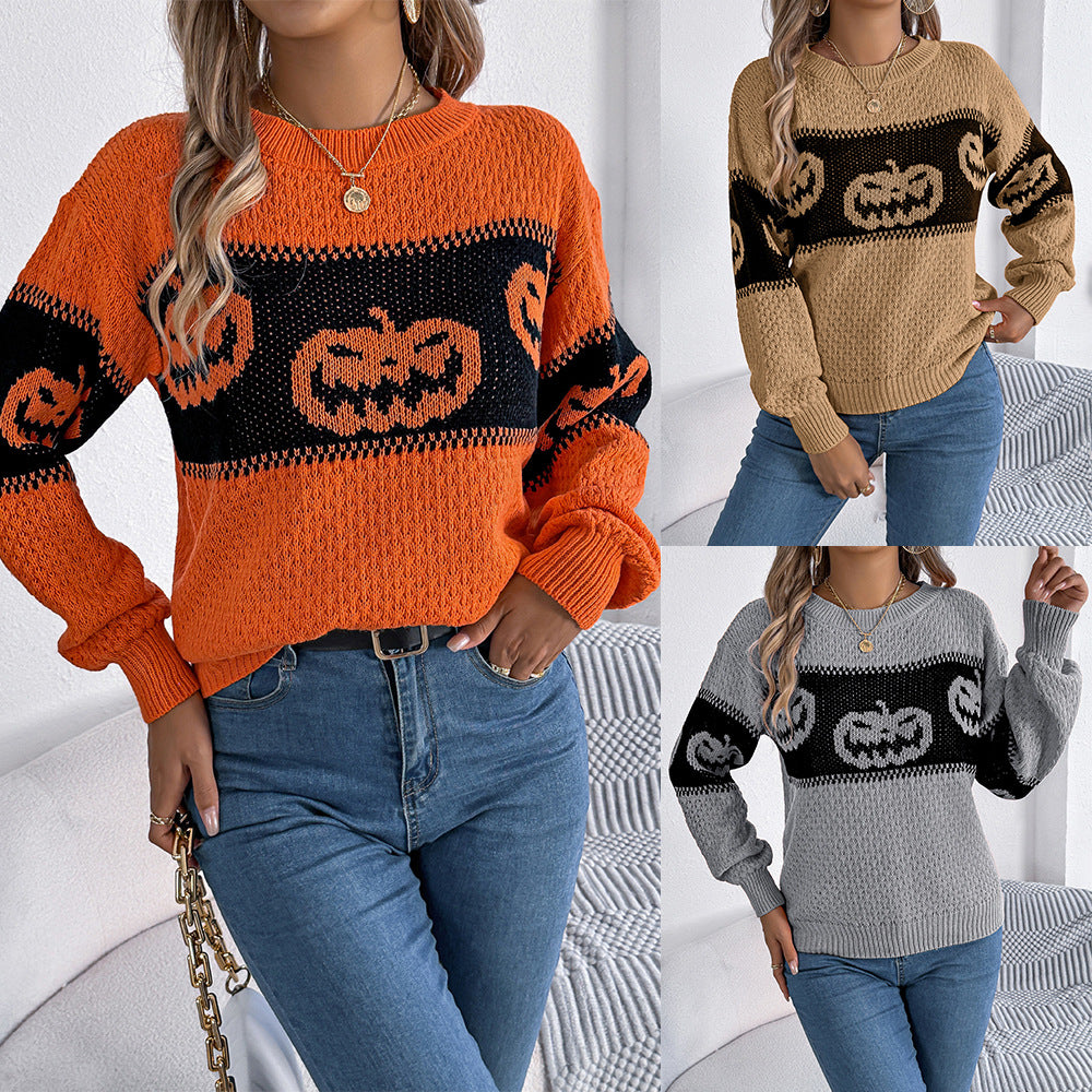 Women's Halloween Pumpkin Face Colorblock Knit Sweater from Mish Mash Market