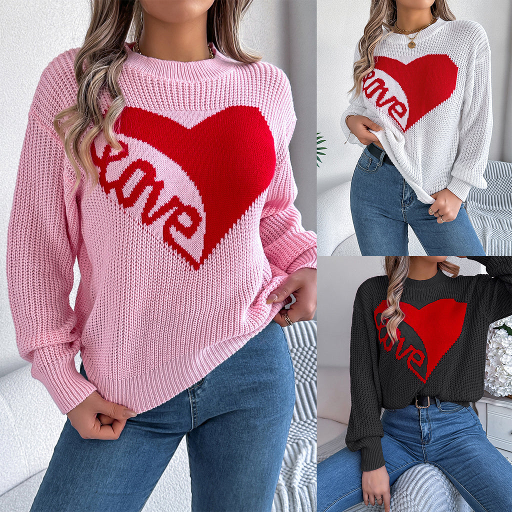 Red Heart Patch Long Sleeve Sweater – Women's Casual Valentine's Day Pullover from Mish Mash Market