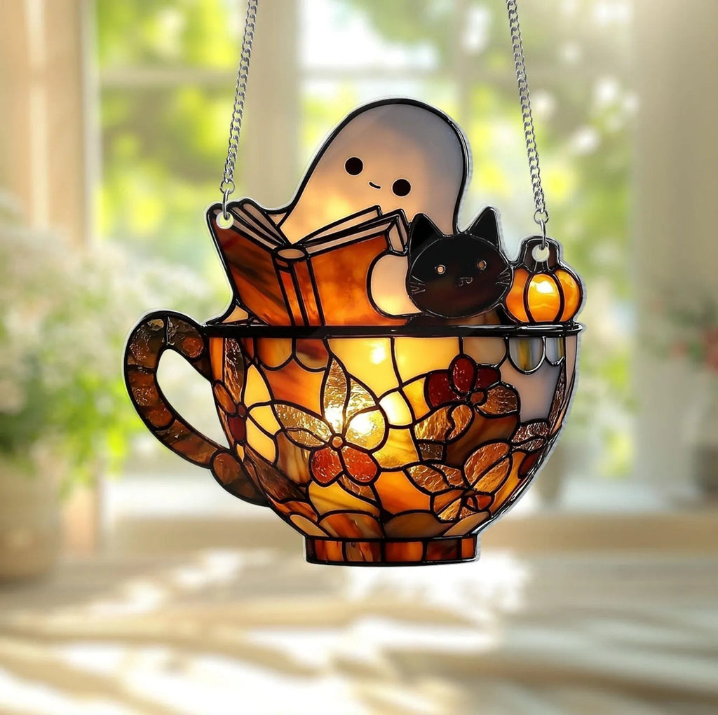 Stained Glass Ghost Reading Light Catcher Hanging Ornament - Halloween Window Decoration from Mish Mash Market
