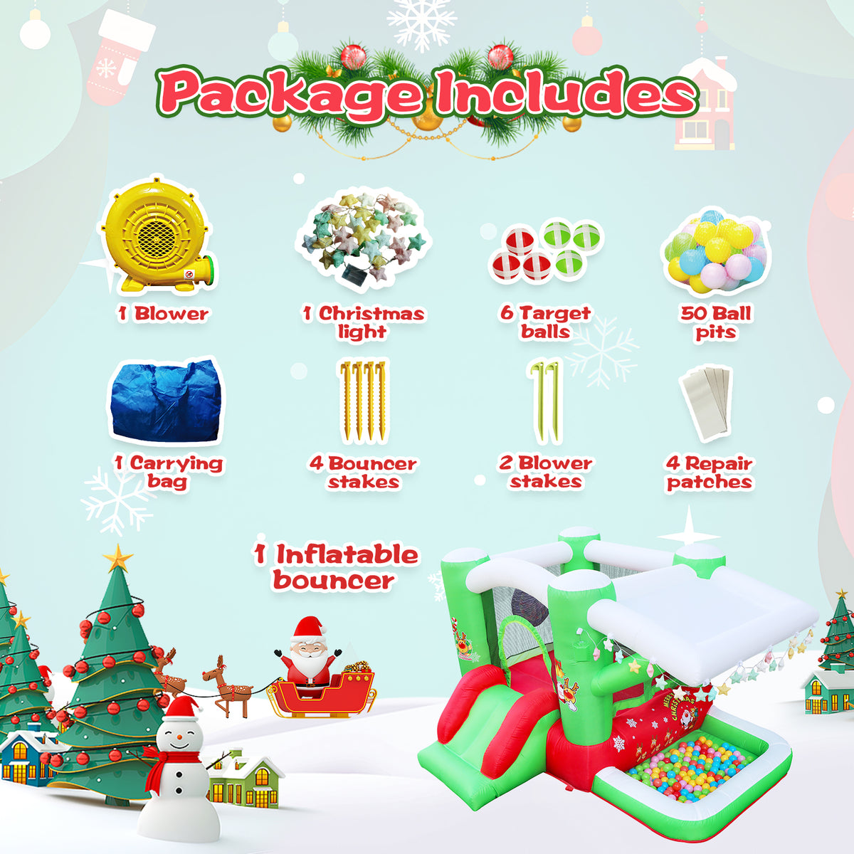 Christmas Inflatable Bounce House with Slide & Blower