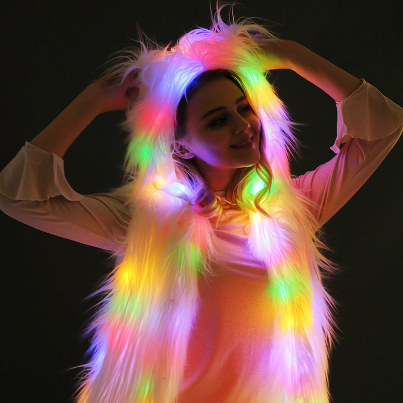 LED Light Up Rabbit Ears Faux Fur Vest - Glow in the Dark Rave & Cosplay Costume from Mish Mash Market