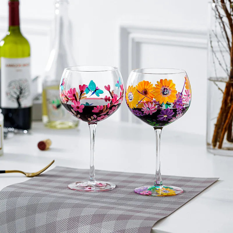 Nordic Hand-Painted Floral Wine Glass – Elegant Crystal Goblet for Weddings & Home
