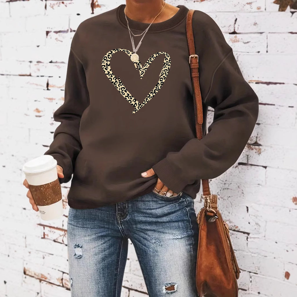 Women’s Leopard Heart Print Sweatshirt – Casual Long Sleeve Crew Neck Pullover from Mish Mash Market