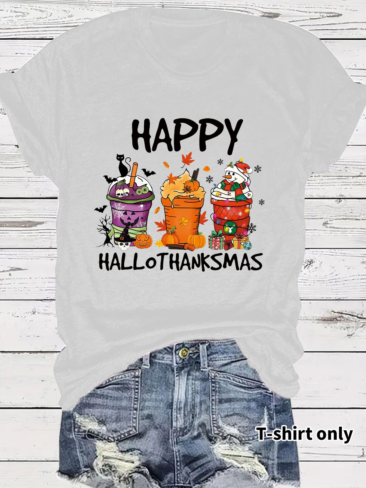 Women's Happy Hallothanksmas T-Shirt – Holiday Graphic Crew Neck Short Sleeve Top from Mish Mash Market