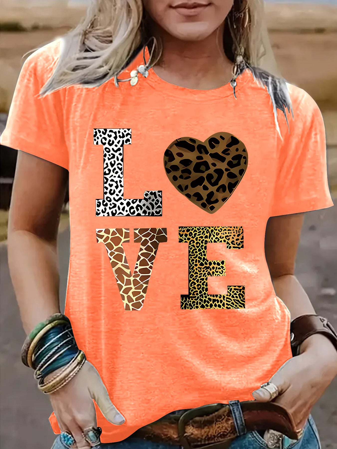 Women’s Leopard Print Love Heart T-Shirt – Short Sleeve Crew Neck Graphic Tee