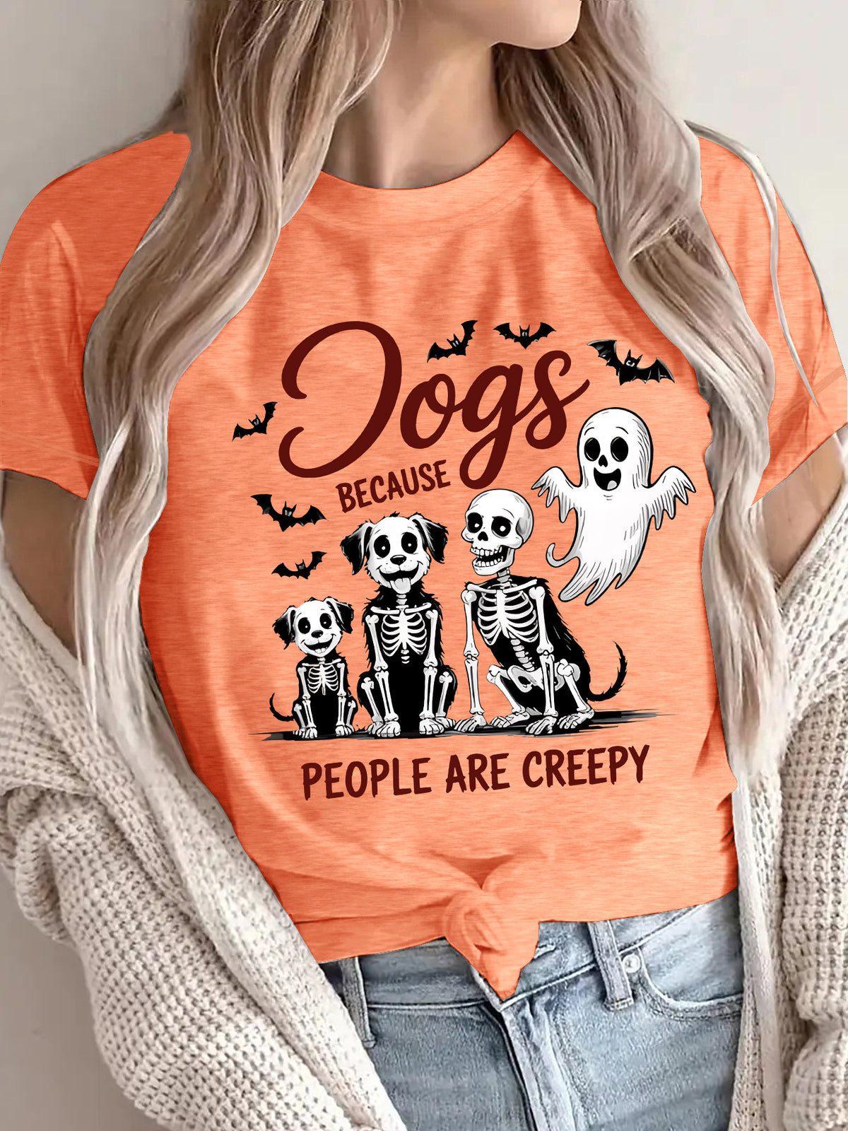 Women's "Dogs Because People Are Creepy" Halloween Printed T-Shirt - Short Sleeve Graphic Tee