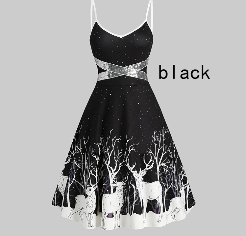 Women's Christmas Deer Print A-Line Dress with Silver Accent Trim