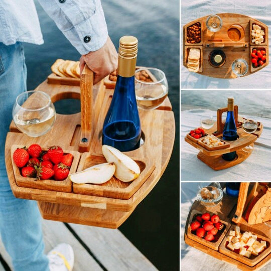 Portable Wooden Picnic Table & Wine Caddy | Outdoor Handcrafted Serving Tray